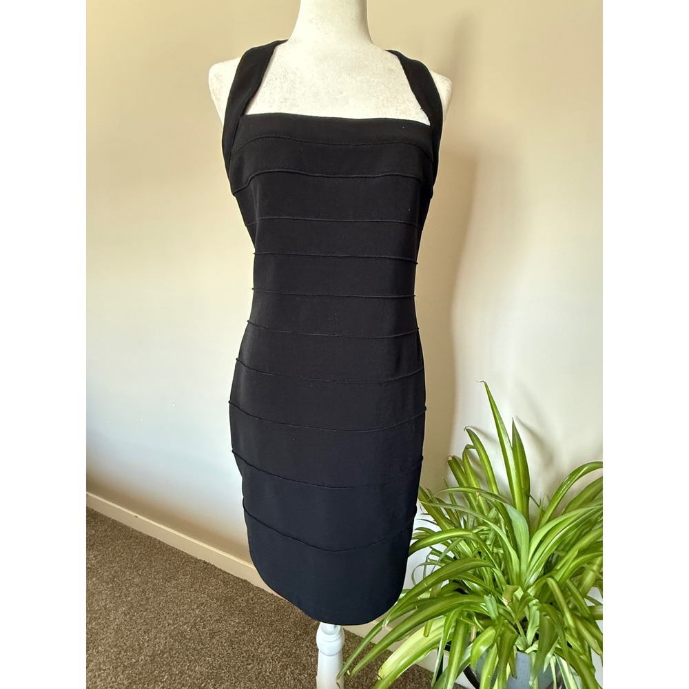 VTG Bandage style Dress M Black EUC Halter Bandage Bodycon Knee Club party LBD